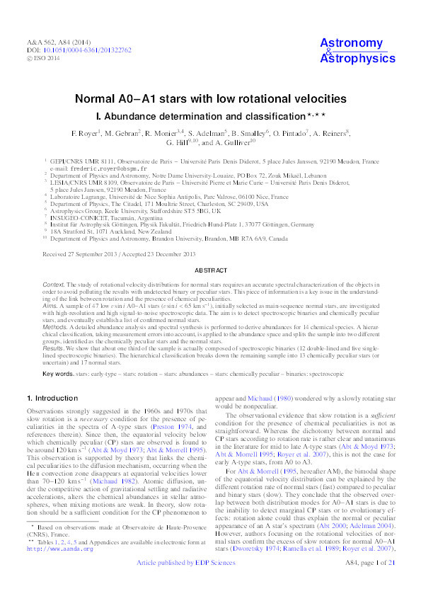 Normal A0-A1 stars with low rotational velocities I. Abundance determination and classification Thumbnail