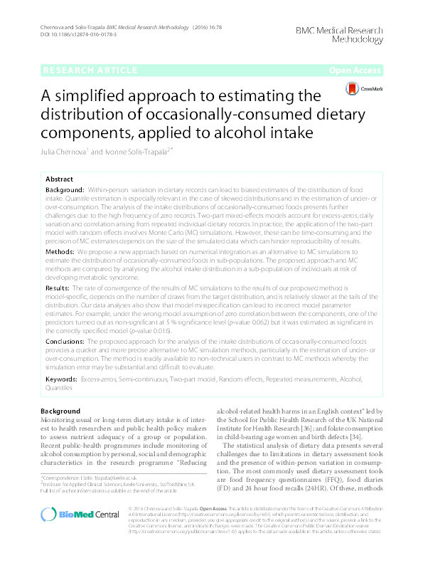 A simplified approach to estimating the distribution of occasionally-consumed dietary components, applied to alcohol intake Thumbnail
