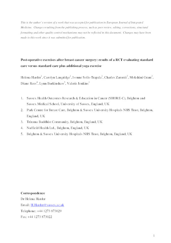 Post-operative exercises after breast cancer surgery: Results of a RCT evaluating standard care versus standard care plus additional yoga exercise Thumbnail