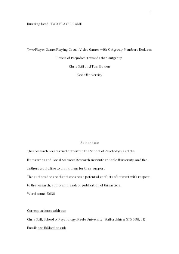 Two-play game: Playing casual video games with outgroup members reduces prejudice towards that outgroup Thumbnail