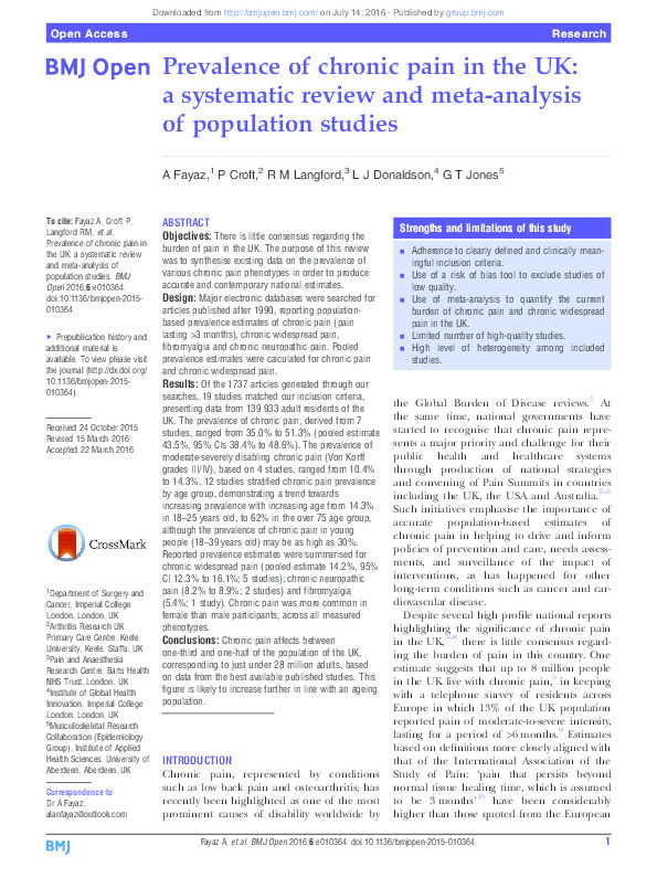 Prevalence of chronic pain in the UK: a systematic review and meta-analysis of population studies. Thumbnail