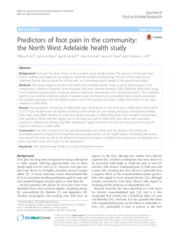 Predictors of foot pain in the community: the North West Adelaide health study Thumbnail