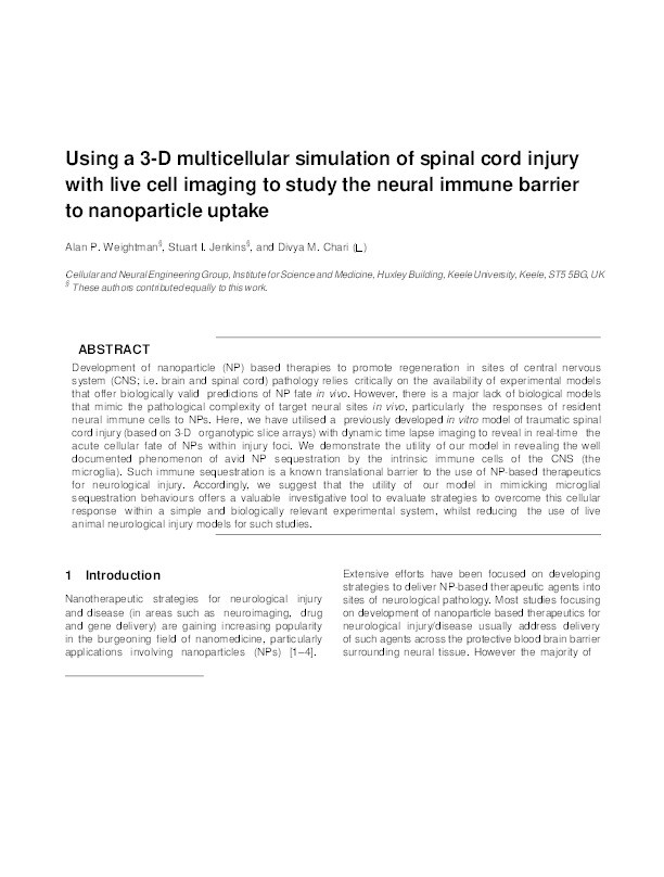 Using a 3-D multicellular simulation of spinal cord injury with live cell imaging to study the neural immune barrier to nanoparticle uptake Thumbnail