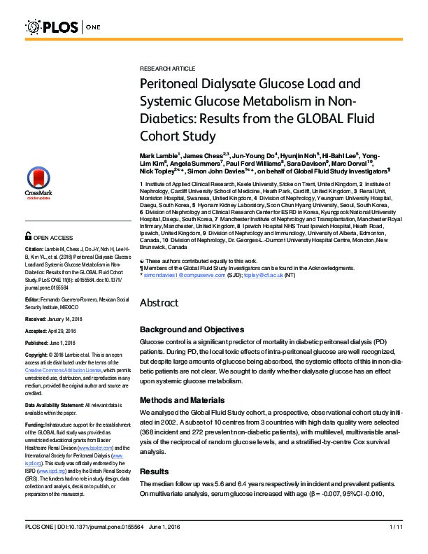 Peritoneal Dialysate Glucose Load and Systemic Glucose Metabolism in Non-Diabetics: Results from the GLOBAL Fluid Cohort Study. Thumbnail