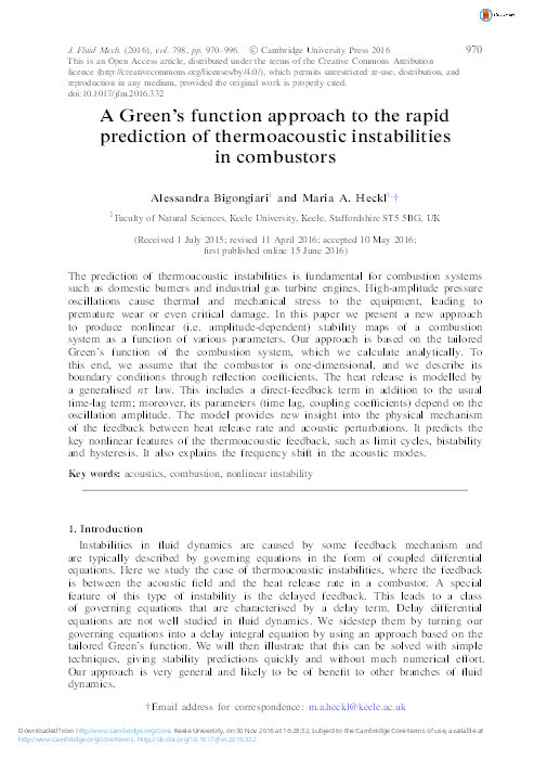 A Green's function approach to predict nonlinear thermoacoustic instabilities in combustors Thumbnail