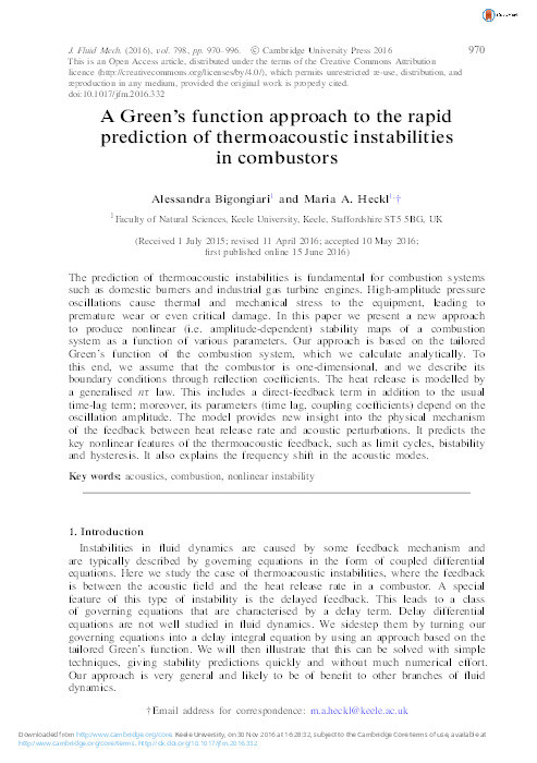 A Green's function approach to predict nonlinear thermoacoustic instabilities in combustors Thumbnail
