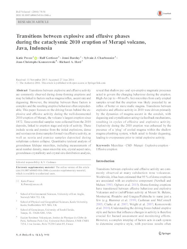 Transitions between explosive and effusive phases during the cataclysmic 2010 eruption of Merapi volcano, Java, Indonesia Thumbnail