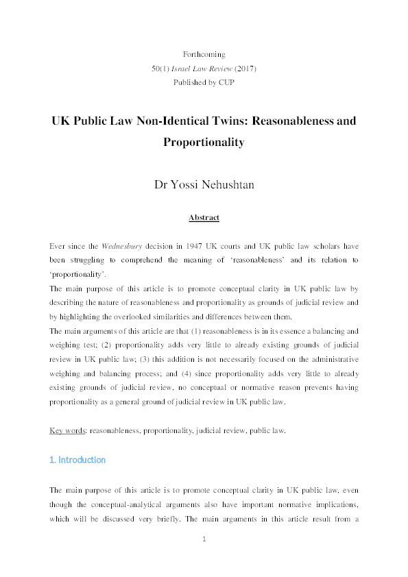 The Non-Identical Twins in UK Public Law: Reasonableness and Proportionality Thumbnail