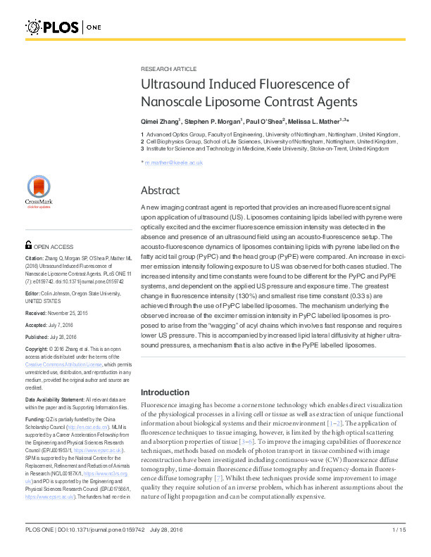Ultrasound induced fluorescence of nanoscale liposome contrast agents Thumbnail
