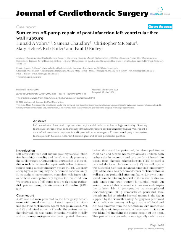 Sutureless off-pump repair of post-infarction left ventricular free wall rupture Thumbnail