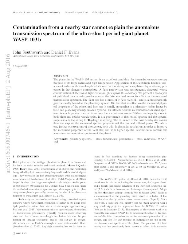 Contamination from a nearby star cannot explain the anomalous transmission spectrum of the ultra-short period giant planet WASP-103b Thumbnail