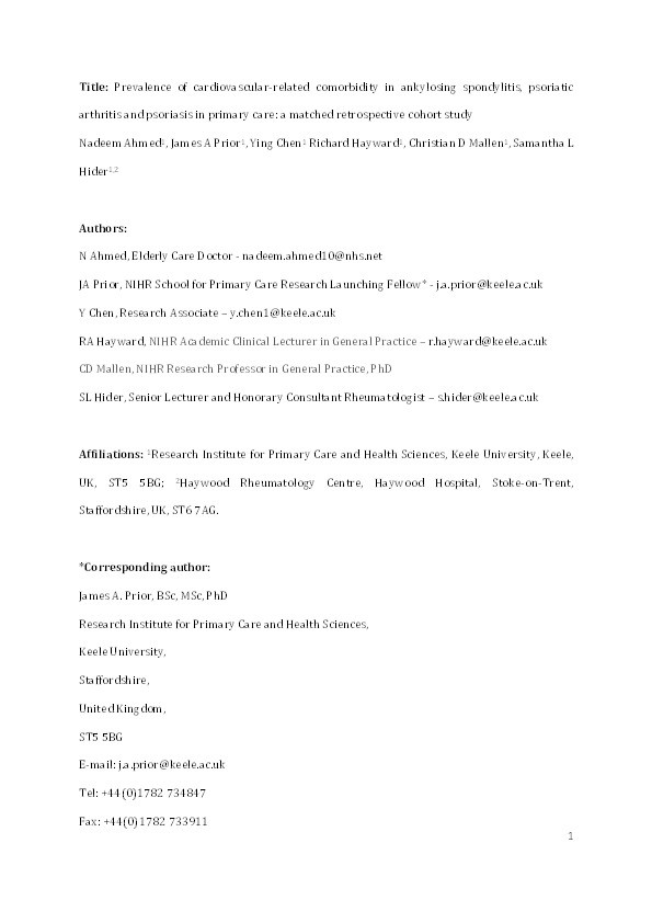 Prevalence of cardiovascular-related comorbidity in ankylosing spondylitis, psoriatic arthritis and psoriasis in primary care: a matched retrospective cohort study. Thumbnail