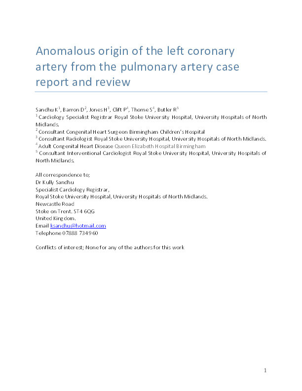 Anomalous origin of the left coronary artery from the pulmonary artery: case report and review Thumbnail