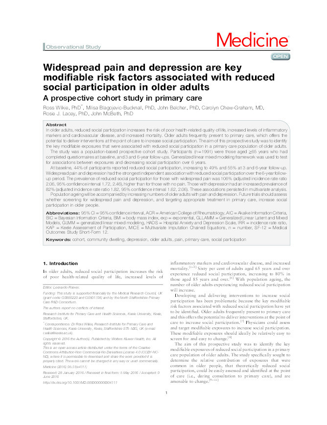 Widespread pain and depression are key modifiable risk factors associated with reduced social participation in older adults: A prospective cohort study in primary care. Thumbnail