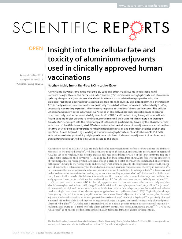 Insight into the cellular fate and toxicity of aluminium adjuvants used in clinically approved human vaccinations Thumbnail