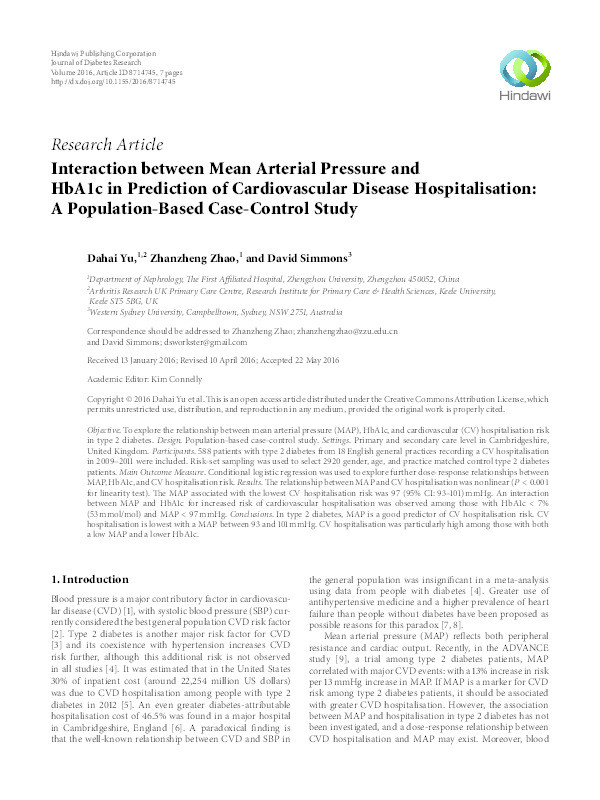 Interaction between Mean Arterial Pressure and HbA1c in Prediction of Cardiovascular Disease Hospitalisation: A Population-Based Case-Control Study Thumbnail