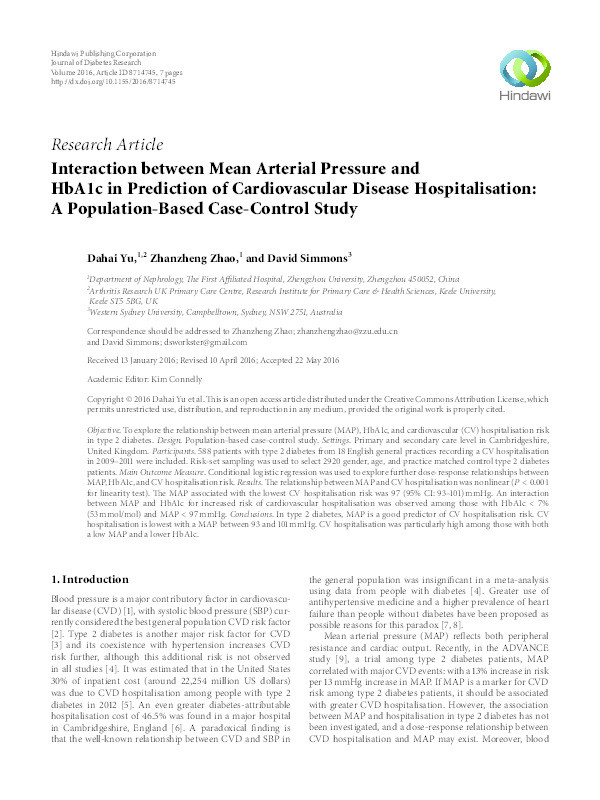 Interaction between Mean Arterial Pressure and HbA1c in Prediction of Cardiovascular Disease Hospitalisation: A Population-Based Case-Control Study Thumbnail