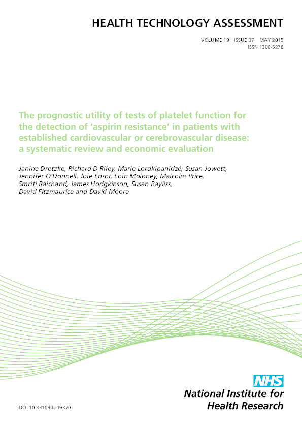 The prognostic utility of tests of platelet function for the detection of 'aspirin resistance' in patients with established cardiovascular or cerebrovascular disease: a systematic review and economic evaluation. Thumbnail