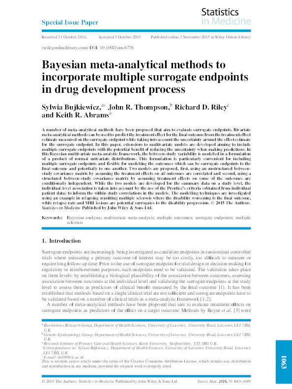 Bayesian meta-analytical methods to incorporate multiple surrogate endpoints in drug development process. Thumbnail