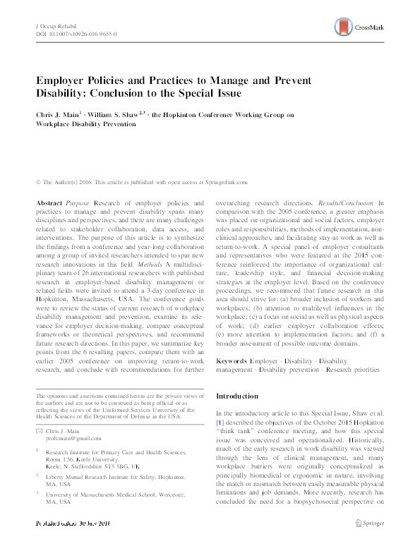 Employer Policies and Practices to Manage and Prevent Disability: Conclusion to the Special Issue Thumbnail