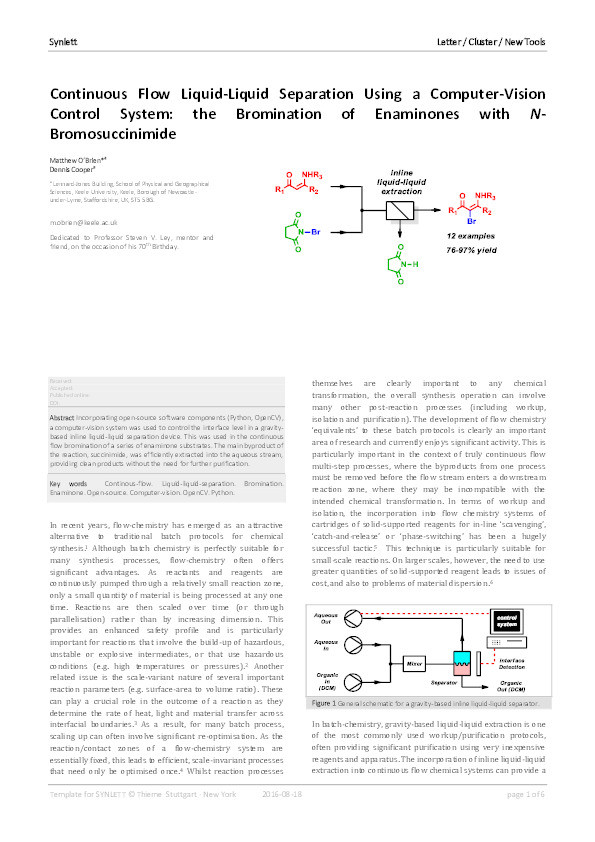 Continuous Flow Liquid-Liquid Separation Using a Computer-Vision Control System: The Bromination of Enaminones with N-Bromosuccinimide Thumbnail