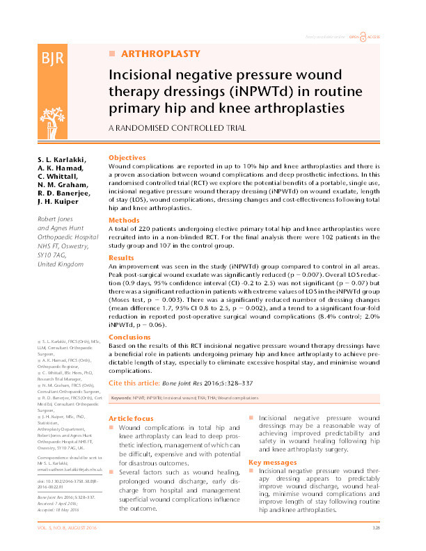 Incisional negative pressure wound therapy dressings (iNPWTd) in routine primary hip and knee arthroplasties: A randomised controlled trial. Thumbnail