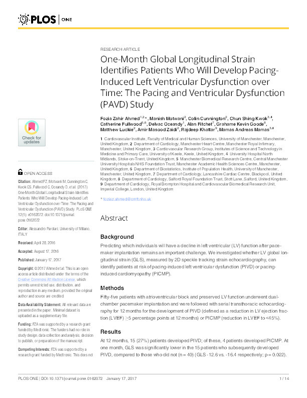 One-month global longitudinal strain identifies patients who will develop pacing-induced left ventricular dysfunction over time: the pacing and ventricular dysfunction (PAVD) study Thumbnail