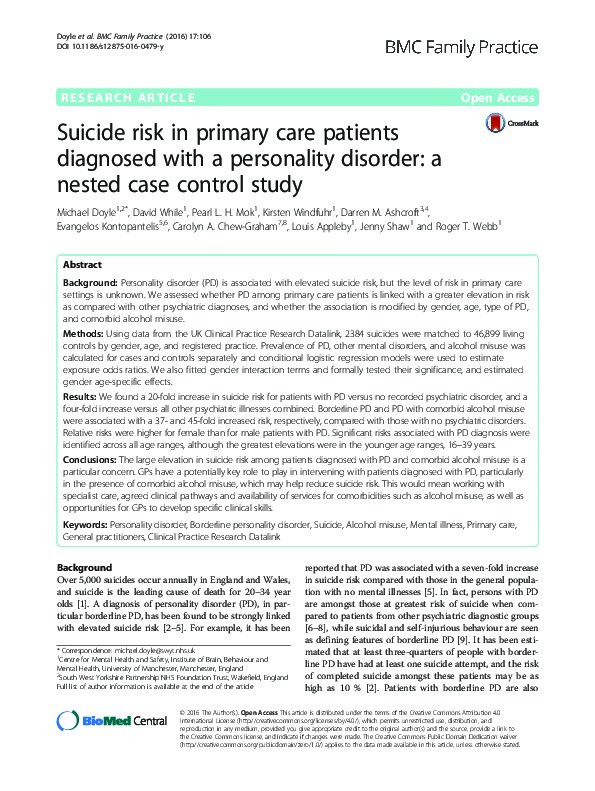 Suicide risk in primary care patients diagnosed with a personality disorder: a nested case control study. Thumbnail