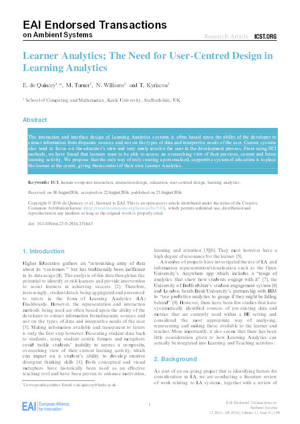 Learner Analytics; The Need for User-Centred Design in Learning Analytics Thumbnail