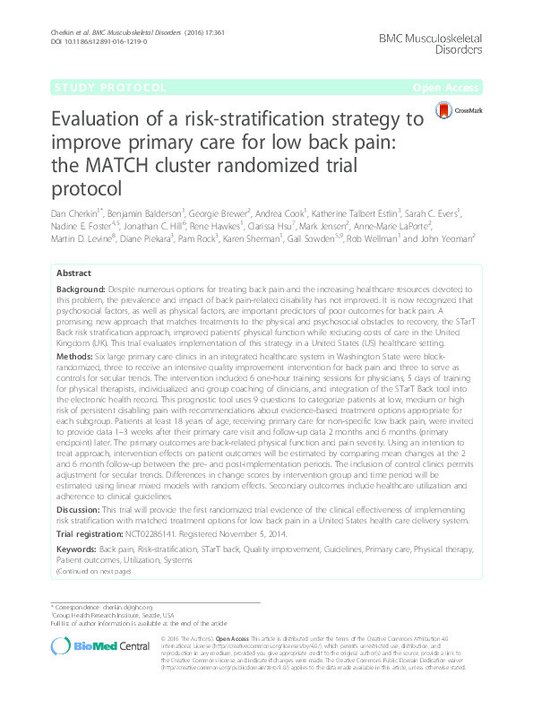 Evaluation of a risk-stratification strategy to improve primary care for low back pain: the MATCH cluster randomised trial protocol Thumbnail