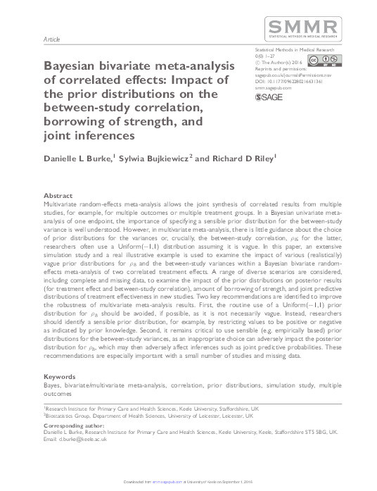 Bayesian bivariate meta-analysis of correlated effects: Impact of the prior distributions on the between-study correlation, borrowing of strength, and joint inferences. Thumbnail