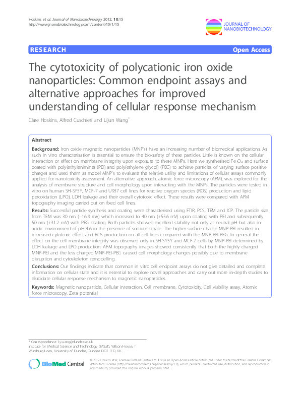 The cytotoxicity of polycationic iron oxide nanoparticles: Common endpoint assays and alternative approaches for improved understanding of cellular response mechanism Thumbnail
