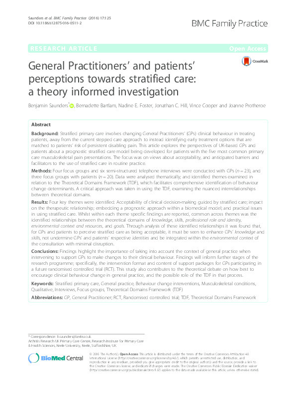 General Practitioners' and patients' perceptions towards stratified care: a theory informed investigation Thumbnail