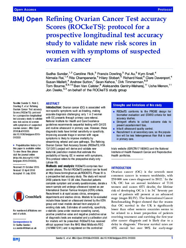 Refining Ovarian Cancer Test accuracy Scores (ROCkeTS): protocol for a prospective longitudinal test accuracy study to validate new risk scores in women with symptoms of suspected ovarian cancer. Thumbnail