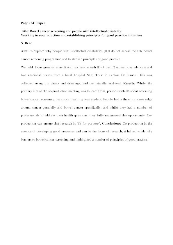 Bowel cancer screening and people with intellectual disability: working in co-production and establishing principles for good practice initiatives Thumbnail