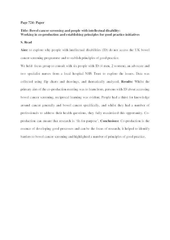 Bowel cancer screening and people with intellectual disability: working in co-production and establishing principles for good practice initiatives Thumbnail