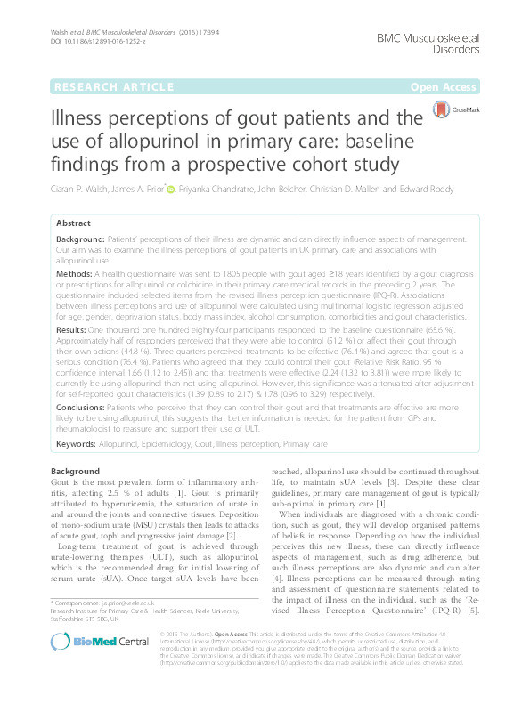 Illness perceptions of gout patients and the use of allopurinol in primary care: baseline findings from a prospective cohort study Thumbnail