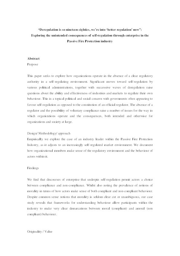 "Deregulation is so nineteen eighties, we’re into ‘better regulation’ now”: Exploring the unintended consequences of self-regulation through enterprise in the Passive Fire Protection industry Thumbnail