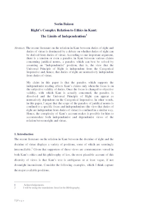 Right's Complex Relation to Ethics in Kant: the limits of Independentism Thumbnail