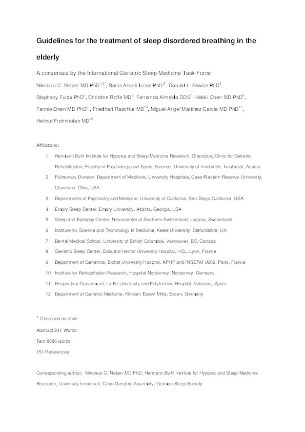 Principles of practice parameters for the treatment of sleep disordered breathing in the elderly and frail elderly: the consensus of the International Geriatric Sleep Medicine Task Force Thumbnail