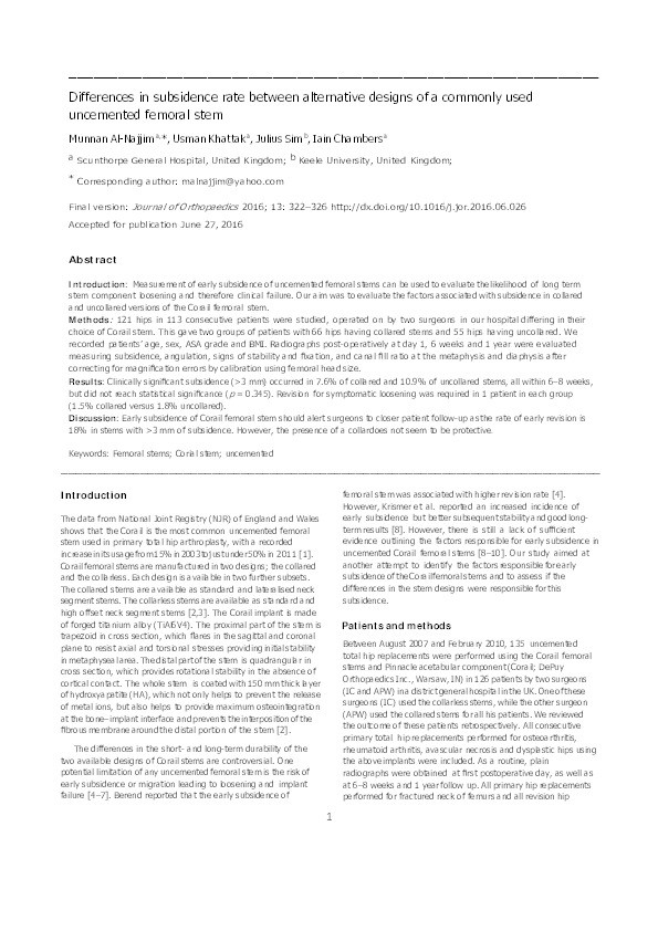 Differences in subsidence rate between alternative designs of a commonly used uncemented femoral stem. Thumbnail