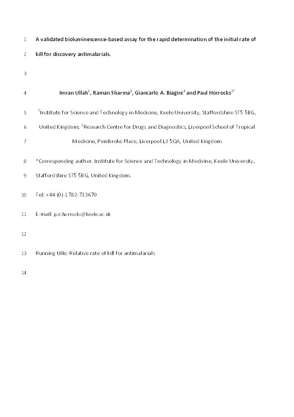 A validated bioluminescence-based assay for the rapid determination of the initial rate of kill for discovery antimalarials Thumbnail