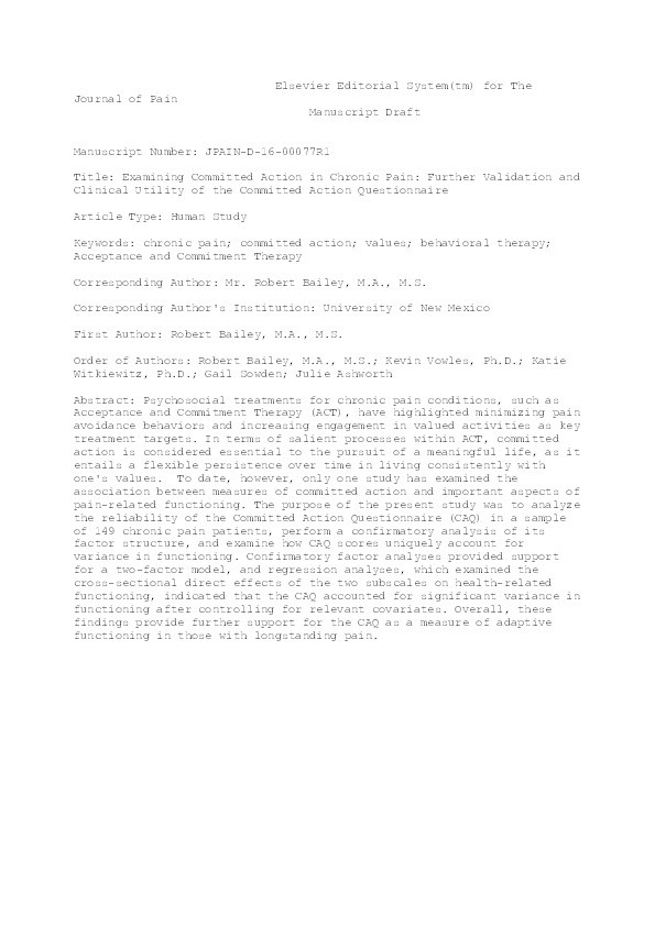 Examining Committed Action in Chronic Pain: Further Validation and Clinical Utility of the Committed Action Questionnaire. Thumbnail