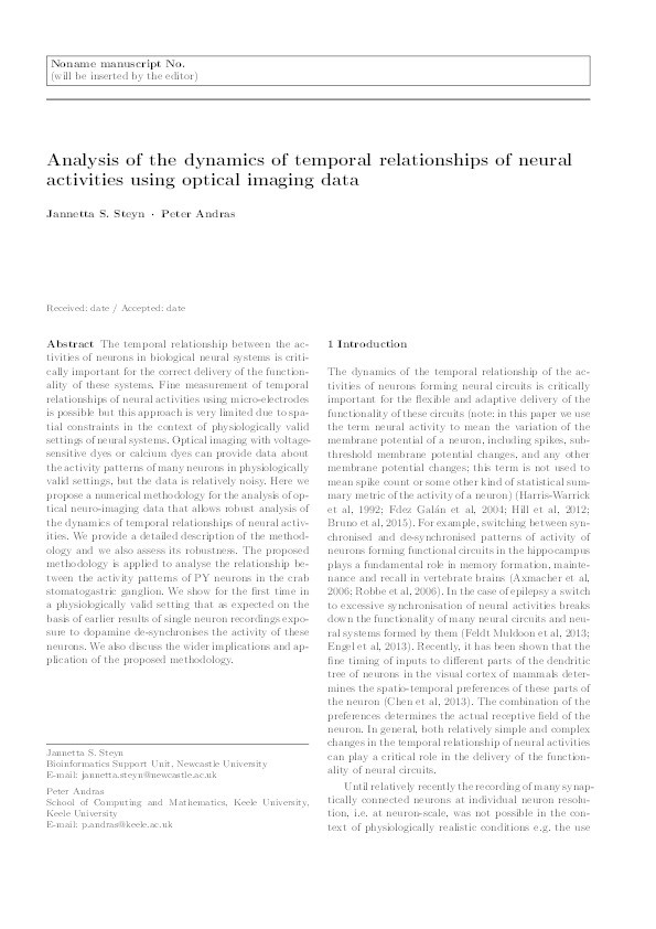 Analysis of the dynamics of temporal relationships of neural activities using optical imaging data Thumbnail