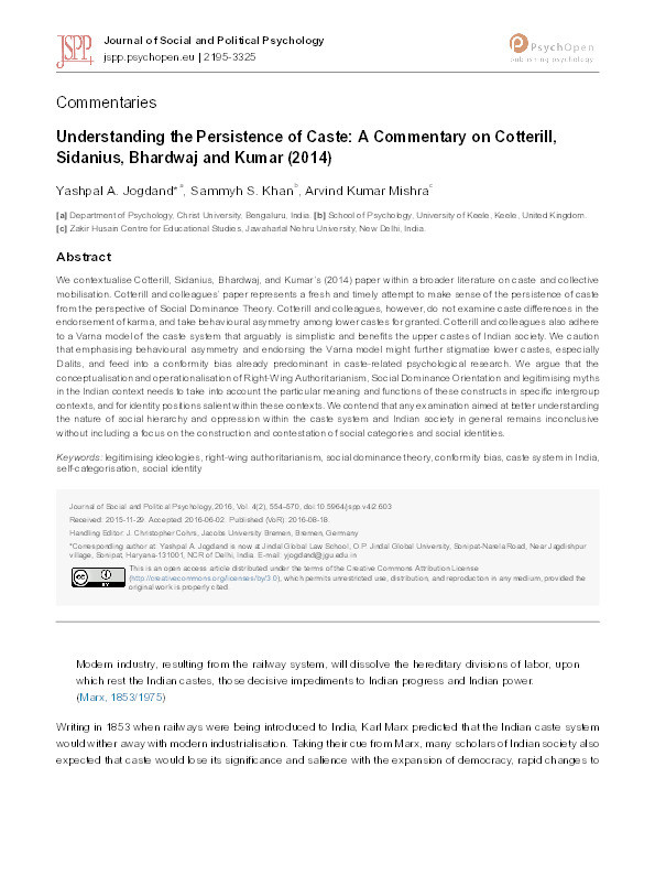 Understanding the Persistence of Caste: A Commentary on Cotterill, Sidanius, Bhardwaj and Kumar (2014) Thumbnail