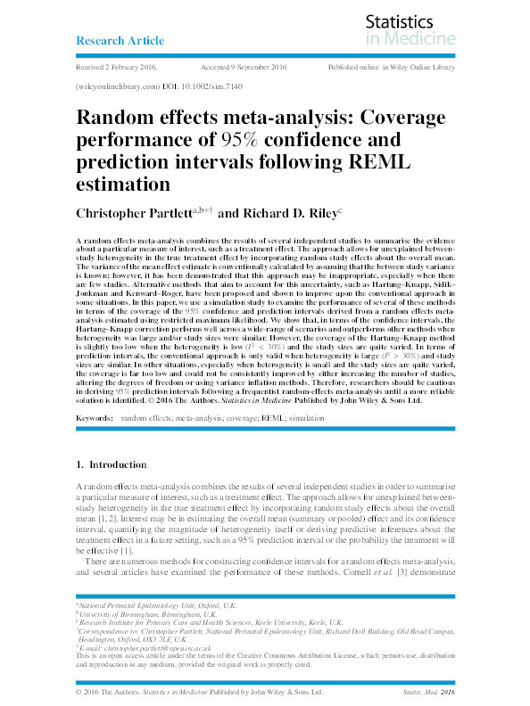 Random effects meta-analysis: Coverage performance of 95% confidence and prediction intervals following REML estimation Thumbnail