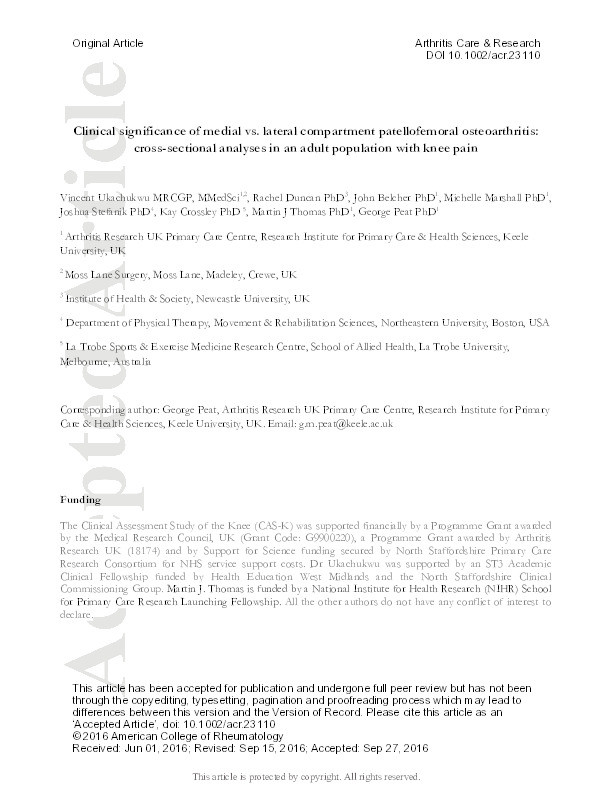 Clinical Significance of Medial Versus Lateral Compartment Patellofemoral Osteoarthritis: Cross-Sectional Analyses in an Adult Population With Knee Pain Thumbnail