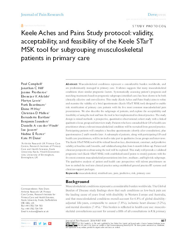 Keele Aches and Pains Study protocol: validity, acceptability, and feasibility of the Keele STarT MSK tool for subgrouping musculoskeletal patients in primary care. Thumbnail