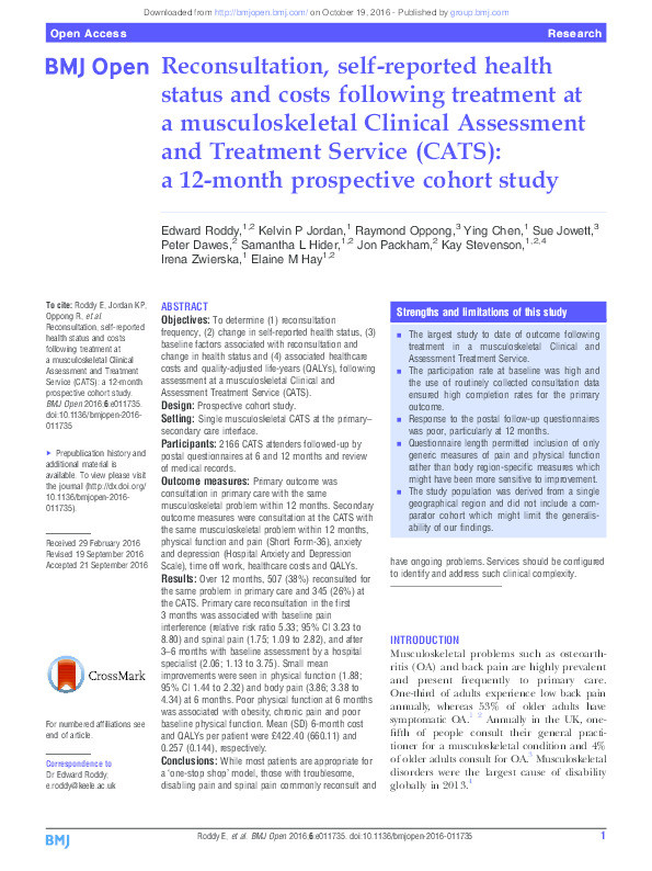 Re-consultation, self-reported health status, and costs following treatment at a Musculoskeletal Clinical Assessment and Treatment Service (CATS): a twelve-month prospective cohort study Thumbnail