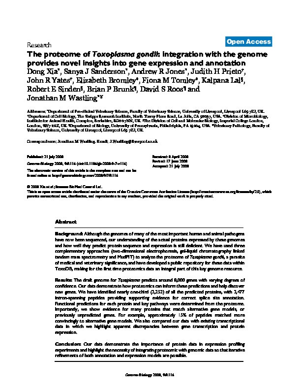 The proteome of Toxoplasma gondii: integration with the genome provides novel insights into gene expression and annotation. Thumbnail